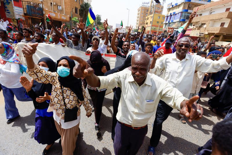 Protesters march during a rally against military rule, in Khartoum