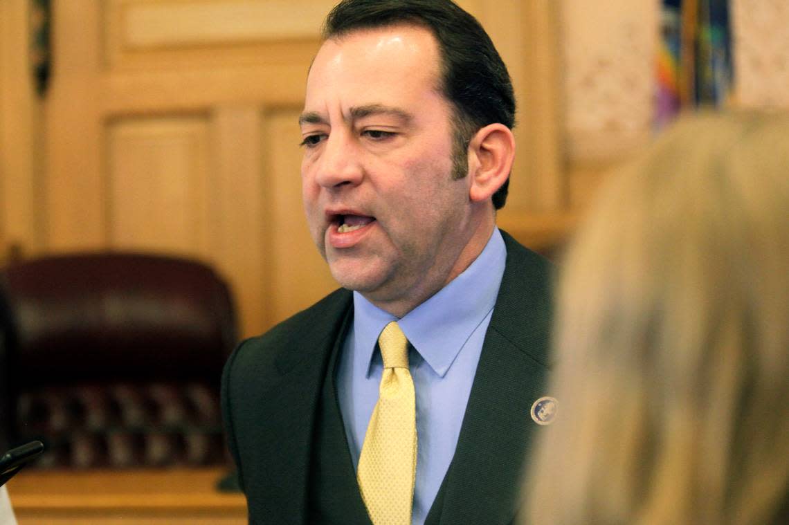 Kansas House Appropriations Committee Chair Troy Waymaster, R-Bunker Hill, speaks with reporters following a budget briefing from Democratic Gov. Laura Kelly’s budget director, Wednesday, Jan. 12 at the Statehouse in Topeka.