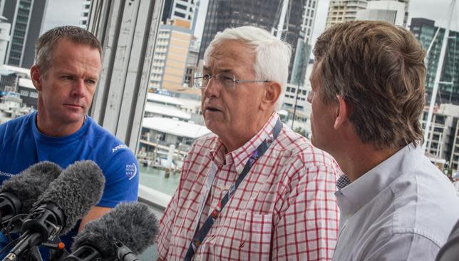 Team Vestas Wind's Chris Nicholson and Volvo Ocean Race CEO Knut Frostad face the media in Auckland.