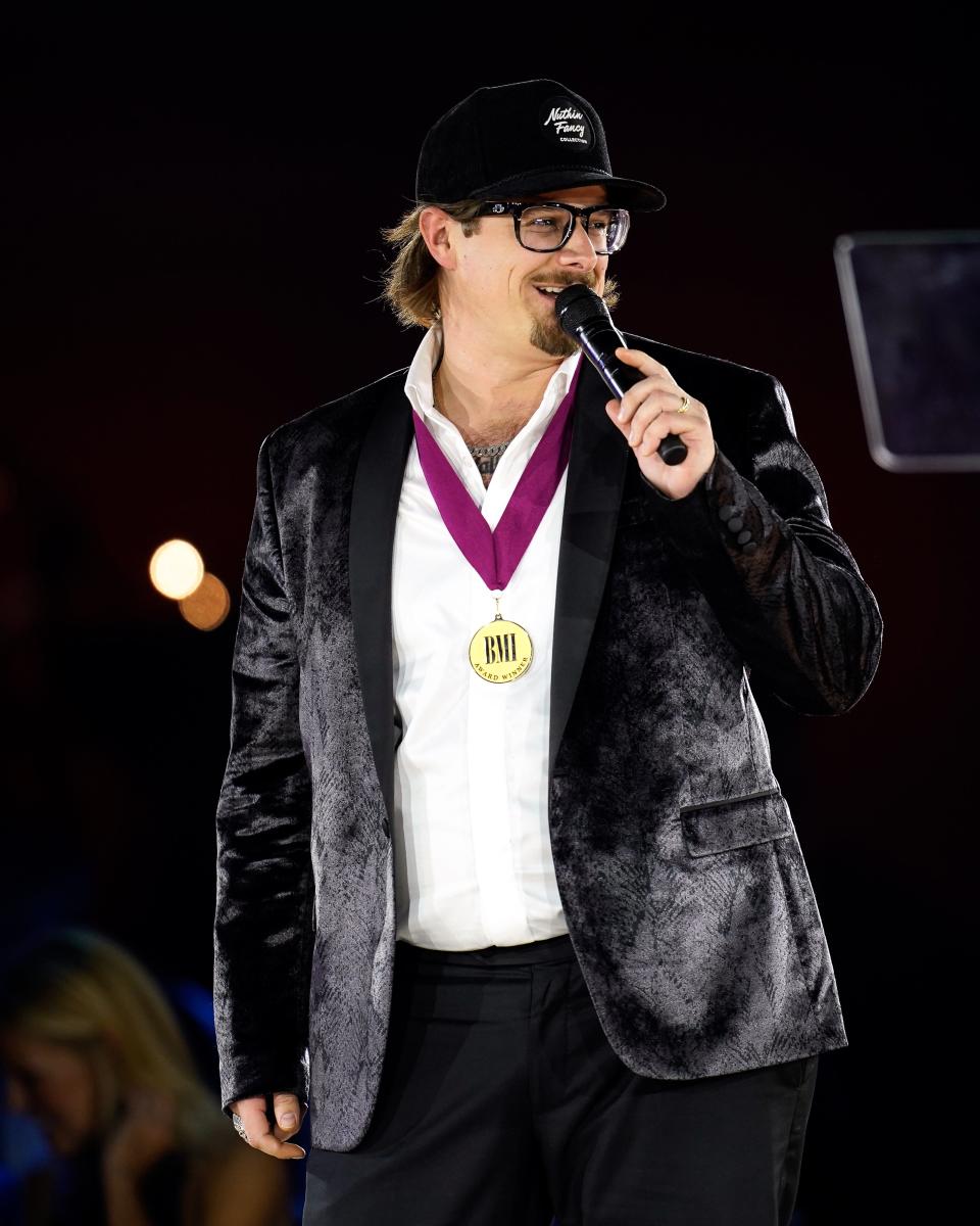 Hardy speaks after accepting the Songwriter of the Year award during the BMI’s 70th Annual Country Awards at the BMI Music Row Headquarters in Nashville, Tennessee, on Nov. 8, 2022.