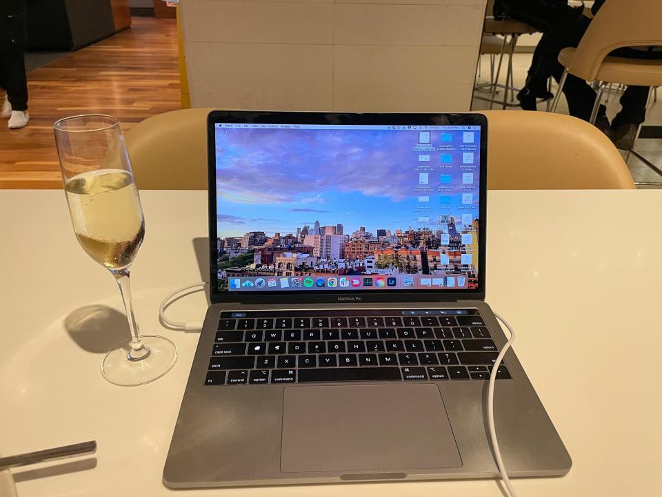 My laptop setup in the airport lounge.