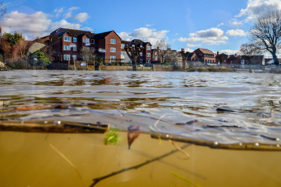 Properties back onto floodwater in Tewkesbury, as the town suffers continued flooding. PA Photo. Picture date: Thursday February 27, 2020. See PA story WEATHER Storm. Photo credit should read: Ben Birchall/PA Wire (Photo by Ben Birchall/PA Images via Getty Images)