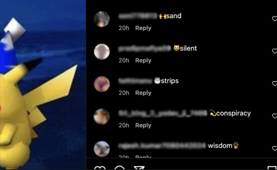 Comments of porn bots on the Pikachu meme on Instagram, including 