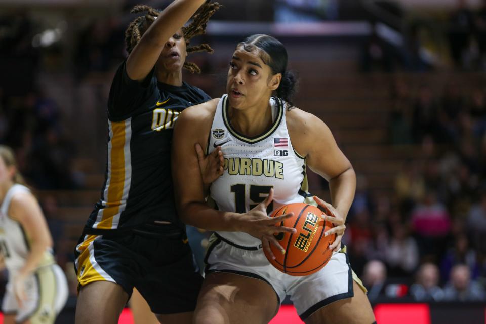 Purdue Boilermakers forward Mila Reynolds (15) attempts to score a layup during the NCAA women's basketball game against the Quincy Hawks, on Sunday, Oct. 29, 2023, at Mackey Arena in West Lafayette, Ind. Purdue won 106 - 45.