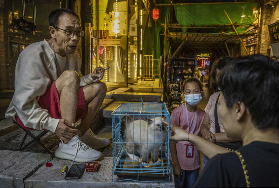 2021年8月24日，北京后海的一個購物區，一名男子在路人的注視下出售小貓。