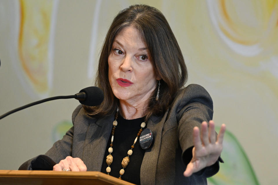 Democratic presidential candidate Marianne Williamson addresses the crowd at The Interfaith Center for Spiritual Growth, Sunday, Sept. 10, 2023, in Ann Arbor, Mich. For her, it’s “the ultimate challenge to have tough skin, but a soft and open heart,” she said. But Williamson worries that negative perceptions detract from her policy positions, which include financial reparations for Black Americans and creation of a Department of Peace. (AP Photo/Jose Juarez)