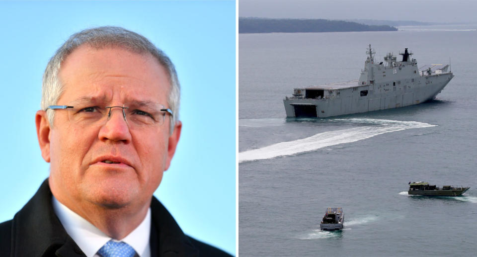 Scott Morrison (left) warned Australia needed to be prepared for a 'dangerous' post-coronavirus world. Pictured right are ships.