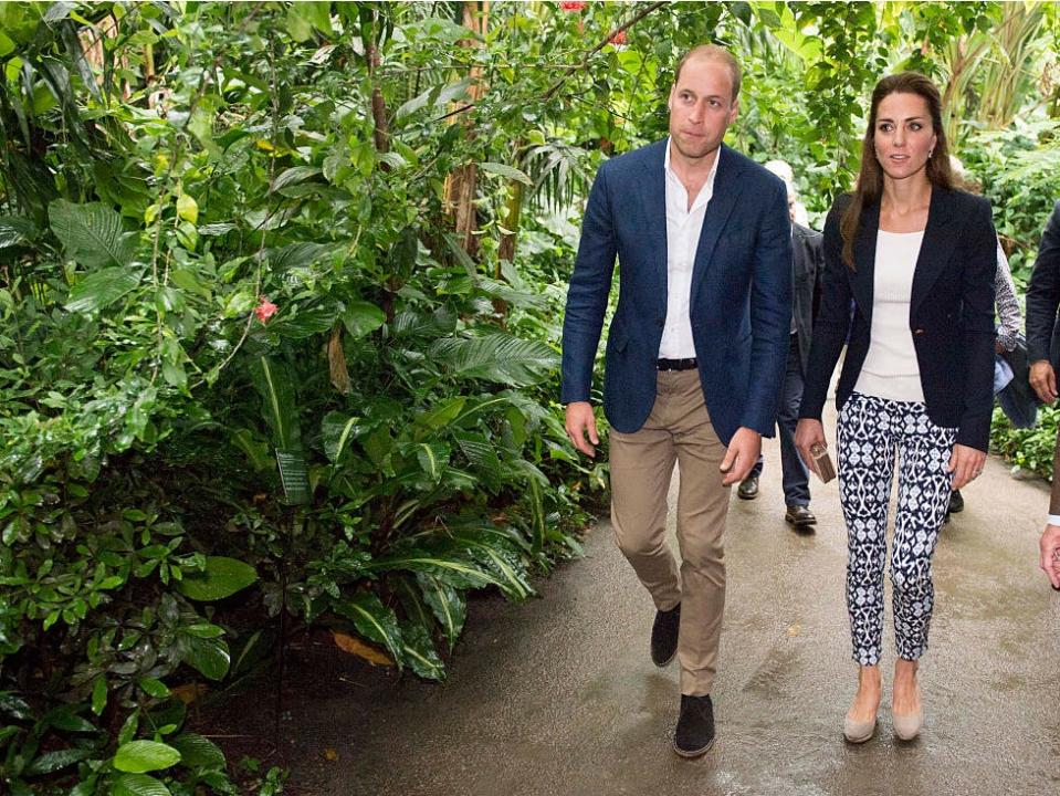 Kate Middleton wears patterned pants from Gap as she walks alongside Prince William.