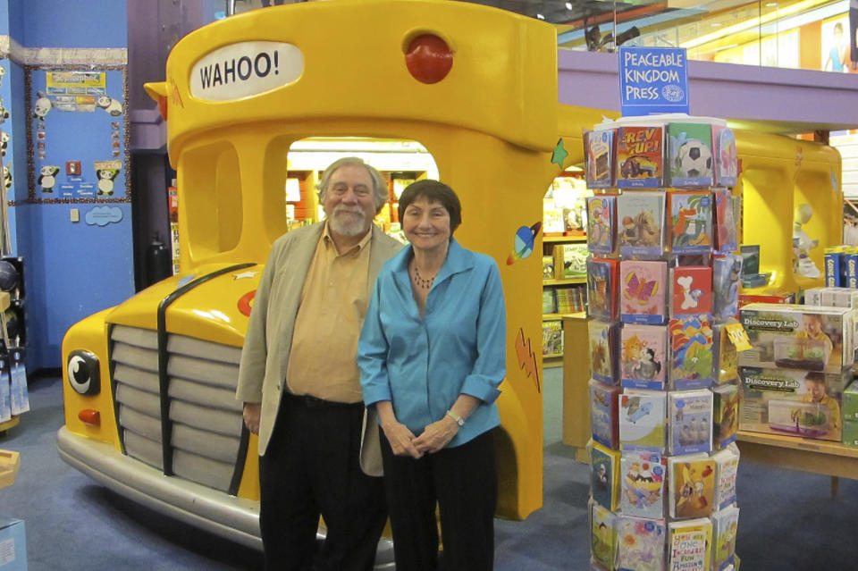 This handout photo provided by Scholastic shows author Joanna Cole, right, and illustrator Bruce Degen. Cole, whose "Magic School Bus" books transported millions of young people on extraordinary and educational adventures, has died at age 75. With the ever maddening but inspired Ms. Frizzle, based in part on a teacher Cole had growing up, leading her students on journeys that explored everything from the solar system to underwater, "Magic School Bus" books have sold tens of millions of copies and were the basis for a popular animated TV series and a Netflix series. Plans for a live-action movie with Elizabeth Banks as Ms. Frizzle were recently announced. (Annabelle Helms/Scholastic via AP)