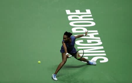 Tennis - WTA Tour Finals - Singapore Indoor Stadium, Singapore - October 22, 2017 USA's Venus Williams in action during her group stage match with Czech Republic's Karolina Pliskova REUTERS/Jeremy Lee