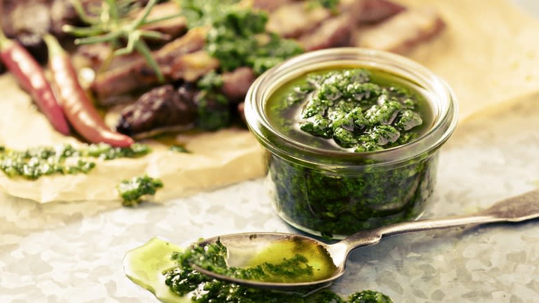 Fresh chimichurri in glass bowl