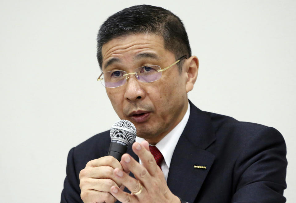 Nissan Motor Co. Chief Executive Hiroto Saikawa speaks during a press conference in Yokohama, near Tokyo Monday, Dec. 17, 2018. Nissan's board met Monday but failed to pick a new chairman to replace Carlos Ghosn, arrested last month on charges of violating financial regulations, saying more discussion was needed. (AP Photo/Koji Sasahara)