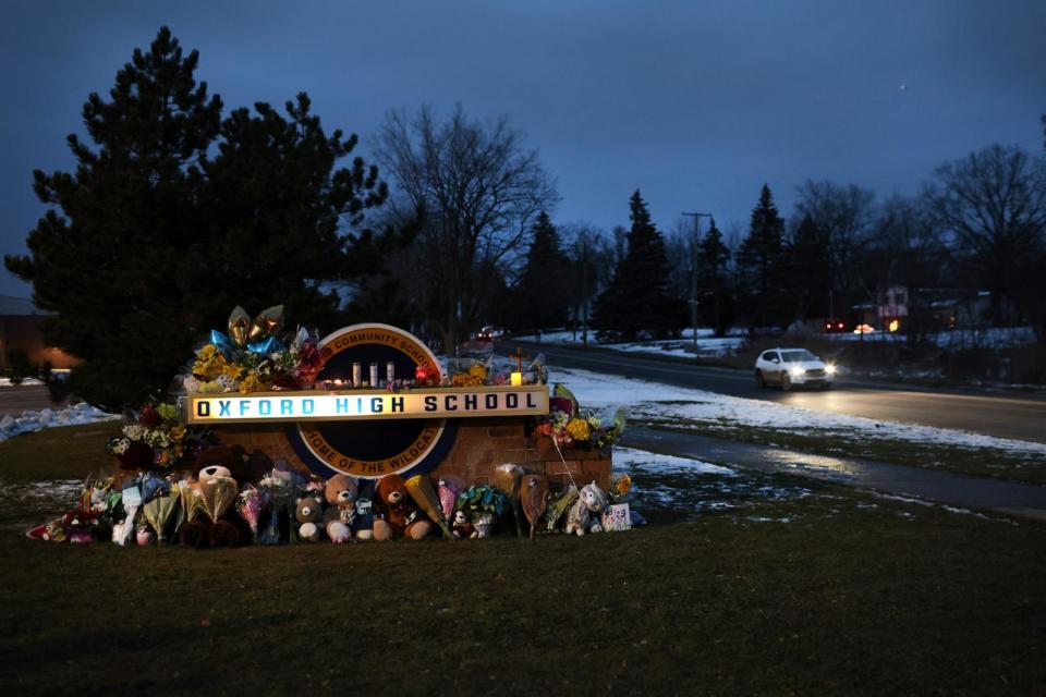 PHOTO: A makeshift memorial sits outside of Oxford High School on Dec. 1, 2021 in Oxford, Mich. (Scott Olson/Getty Images, FILE)