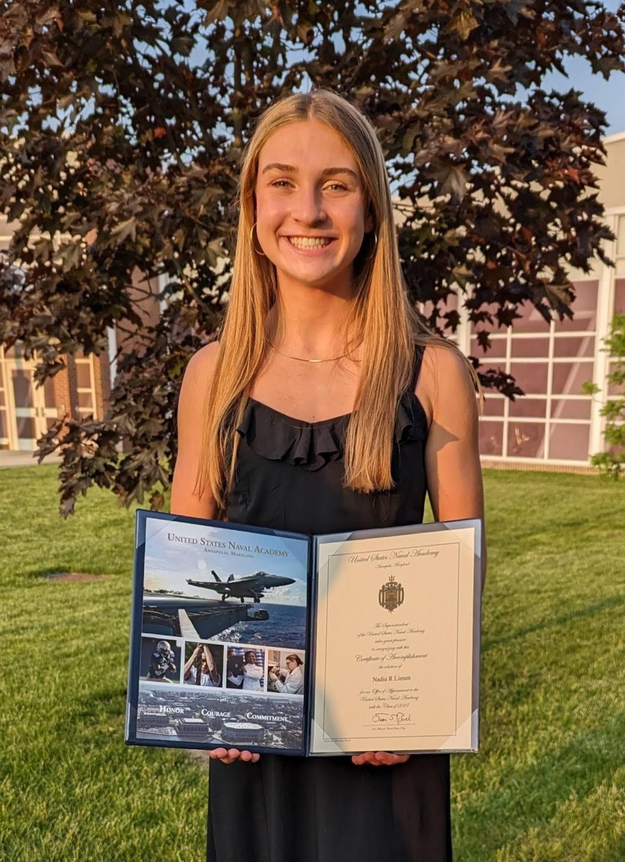 Newark graduate Nadia Liesen shows her appointment to the class of 2027 at the United States Naval Academy. She reported to Annapolis for Plebe Summer on June 29.