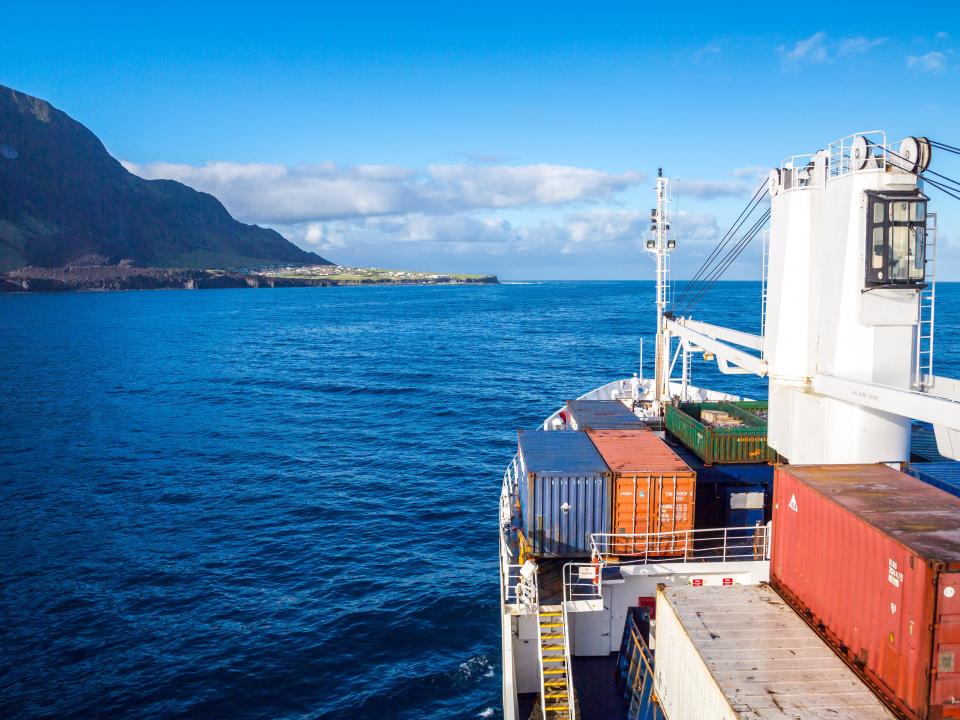 A cargo ship arriving at Tristan da Cunha.