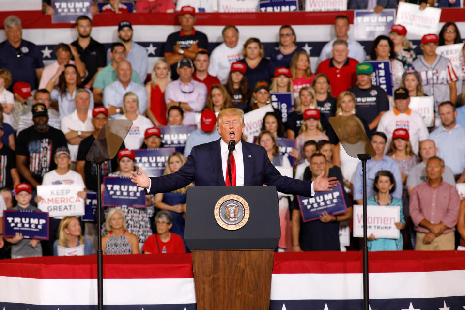 Trump speaks about U.S. Rep. Ilhan Omar, and the crowd responds with "send her back" at a "Keep America Great" campaign rally in Greenville, North Carolina, in July 2019. (Photo: Jonathan Drake/Reuters)