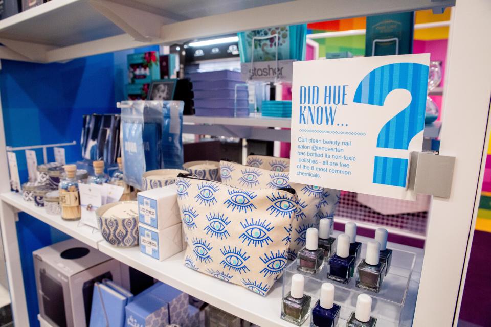 A display of cosmetics products at a Story marketplace.