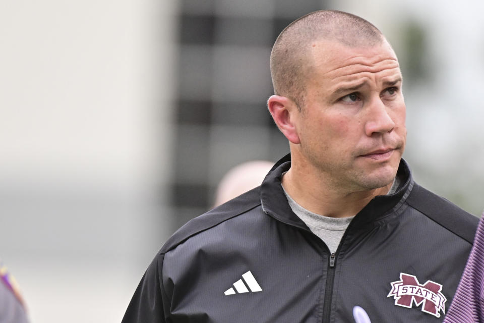 Sep 2, 2023; Starkville, Mississippi, USA; Mississippi State Bulldogs head coach Zach Arnett walks off the field at the end of the second quarter against the Southeastern Louisiana Lions at Davis Wade Stadium at Scott Field. Mandatory Credit: Matt Bush-USA TODAY Sports