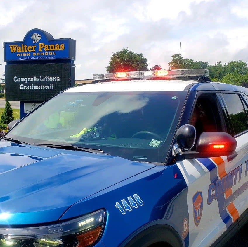 Westchester County police in the Manhattan suburb patrol an area around a local school.