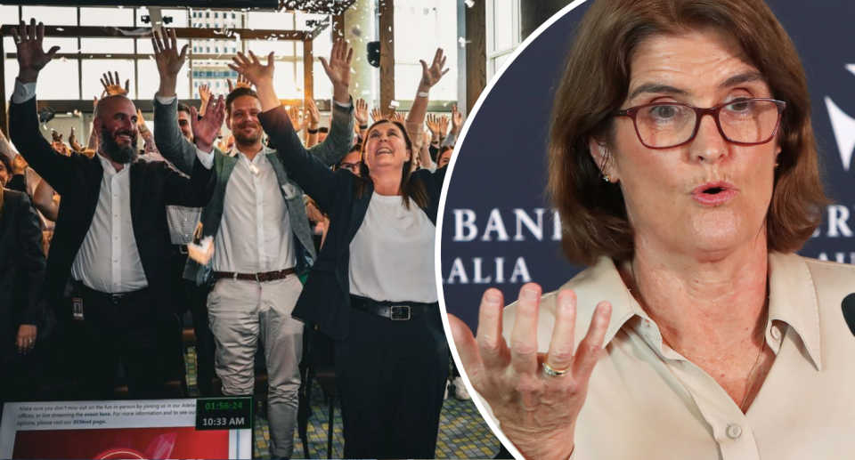 Bendigo and Adelaide Bank staff waving in the air next to a photo of Michele Bullock