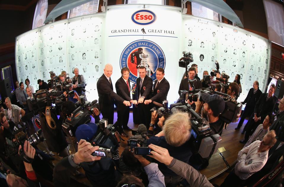 TORONTO, ON - NOVEMBER 12: (L-R) Mats Sundin, Joe Sakic, Adam Oates and Pavel Bure pose for a photo opportunity at the Hockey Hall of Fame on November 12, 2012 in Toronto, Canada. All four are former NHL players who will be inducted into the Hall during a ceremony later today. (Photo by Bruce Bennett/Getty Images)