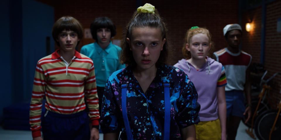 (L-R) Noah Schnapp, Finn Wolfhard, Millie Bobby Brown, Sadie Sink and Caleb McLaughlin in Stranger Things.<span class="copyright">Netflix</span>