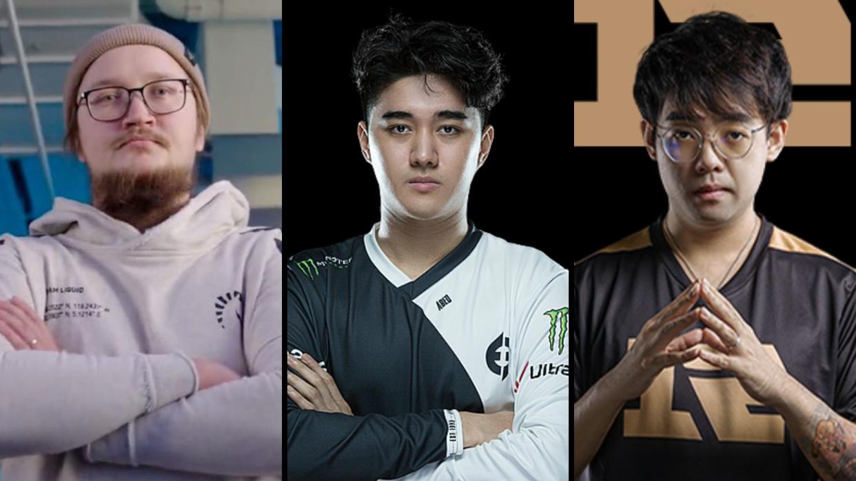 Day 7 of the Dota 2 PGL Arlington Major ended with Team Liquid, Evil Geniuses, and Royal Never Give Up being eliminated in the first round of the lower bracket. Pictured: Team Liquid MATUMBAMAN, Evil Geniuses Abed, Royal Never Give Up Somnus. (Photos: Team Liquid, Evil Geniuses, Perfect World Esports)