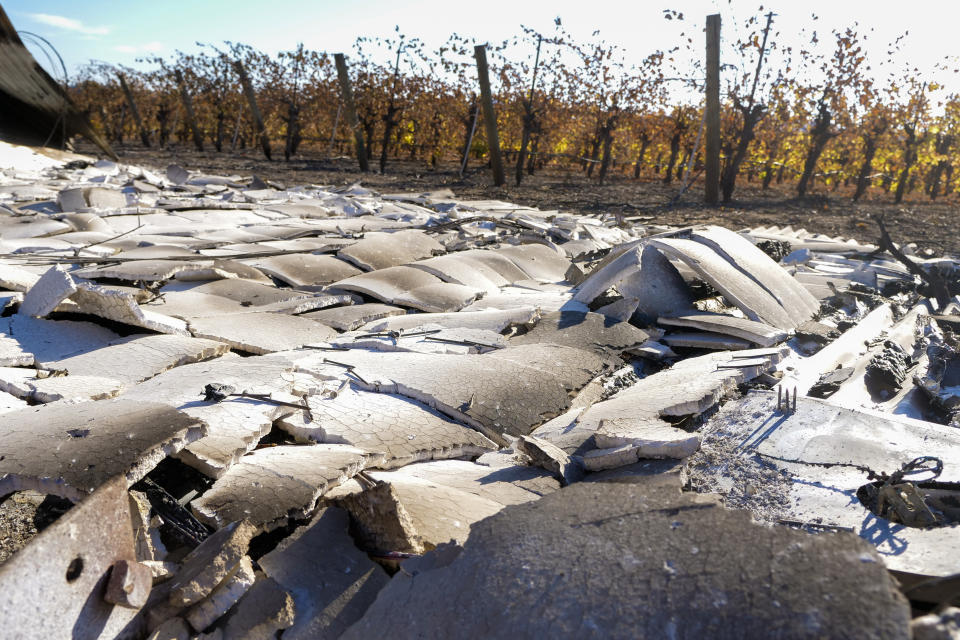 In this Tuesday Nov. 5, 2019, photo, the grape vineyards stand, right, among the destruction of the main building of the Soda Rock Winery in Healdsburg Calif. This Fountaingrove section of Santa Rosa in California's wine country was one of the neighborhoods turned to piles of ash and debris by the now infamous Tubbs Fire of 2017. It had been the most destructive wildfire in California history, until last year, when the Camp Fire ravaged the town of Paradise, to the north, killing 86 people. (AP Photo/Lacy Atkins)