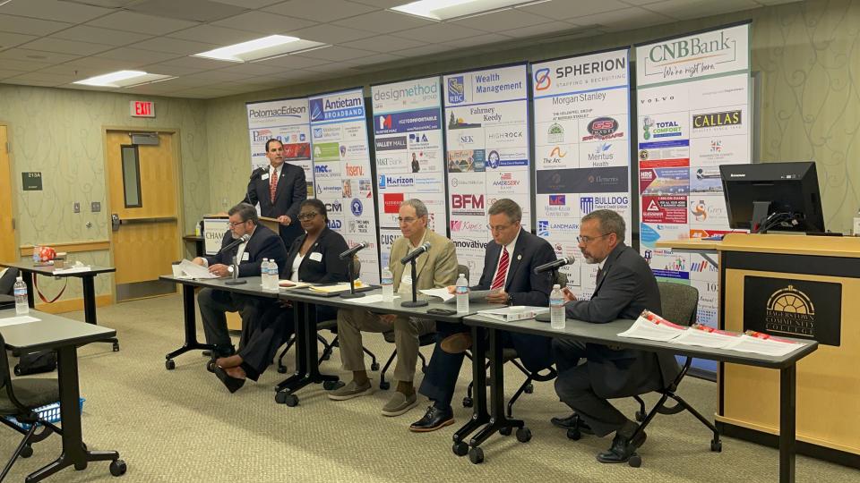 Starting from the left, Washington County Chamber of Commerce President Paul Frey, Del. Mike McKay, R-Allegany/Washington, Del. Brenda Thiam, R-Washington, Sen. George Edwards, R-Allegany/Garrett/Washington, Del. Neil Parrott, R-Washington, and Del. Bill Wivell, R-Washington.