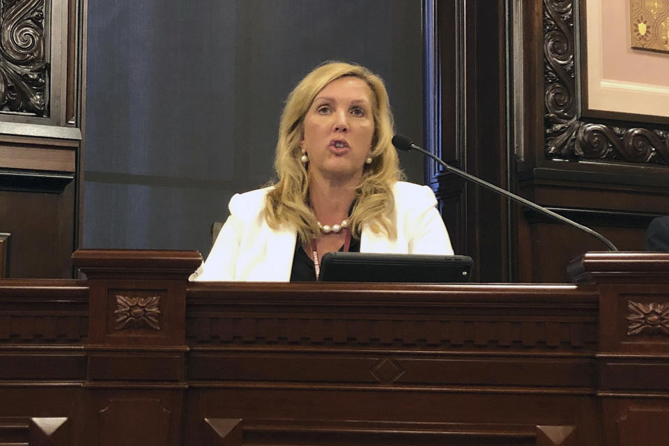 FILE - In this Feb. 6, 2019, file photo, Illinois Sen. Sue Rezin, R-Morris, speaks in Springfield, Ill. More Republican women than ever are seeking House seats this year after the 2018 election further diminished their limited ranks in Congress. But so far it appears that any gains this November could be modest. (AP Photo/John O'Connor, File)