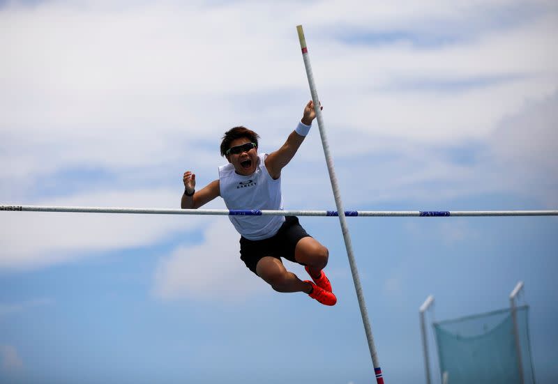 So Sato, a deaf and transgender pole vaulter, works out during a camp training with other deaf athletes in Utsunomiya, Japan