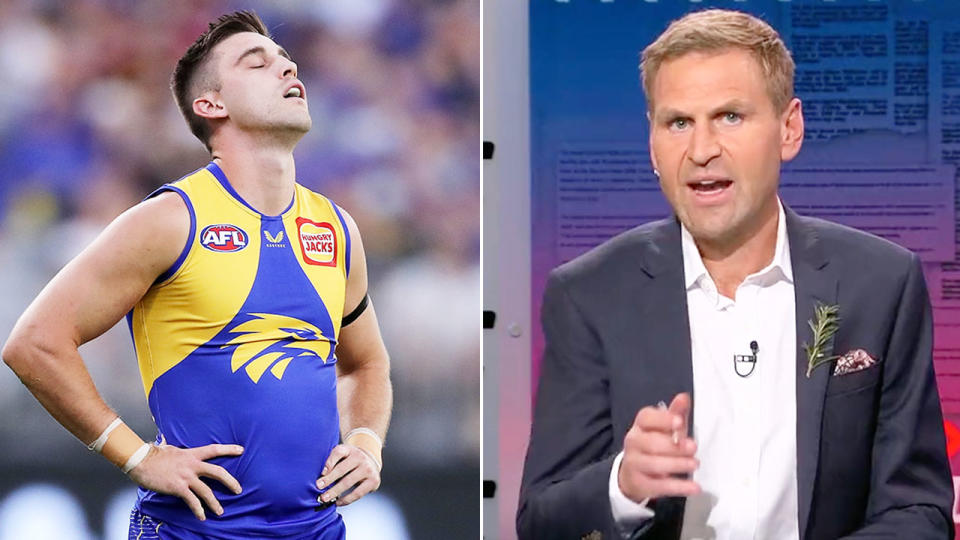 Pictured left is West Coast star Elliot Yeo and AFL pundit Kane Cornes on the right.