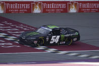 Ty Gibbs crosses the finish line to win the New Holland 250 NASCAR Xfinity Series auto race at the Michigan International Speedway in Brooklyn, Mich., Saturday, Aug. 6, 2022. (AP Photo/Paul Sancya)