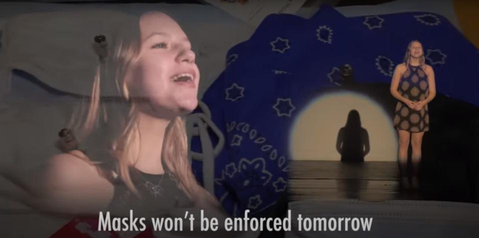 A shot from a parody video produced by Joseph Case High School about the lifting of the state's mask mandate.