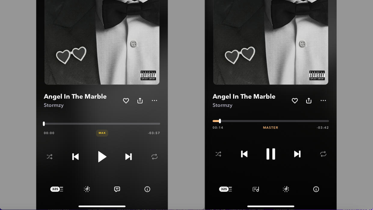  The old and new Tidal apps side by side, one displaying 'Masters' and one 'Max', with Stormzy's Angel in the Marble track 