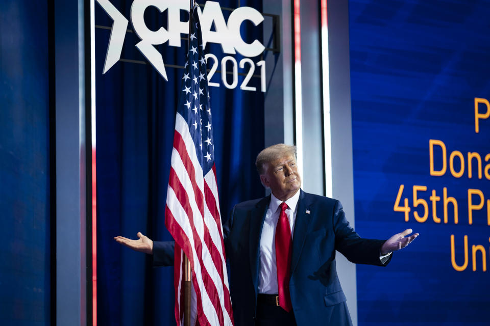 ORLANDO, FL - FEBRUARY 28: Former Donald J. Trump steps out to speak on the final day of the Conservative Political Action Conference CPAC at the Hyatt Regency Orlando on Sunday, February 28, 2021 in Orlando, Florida. president.  (Photo by Jabin Botsford/The Washington Post, Getty Images)