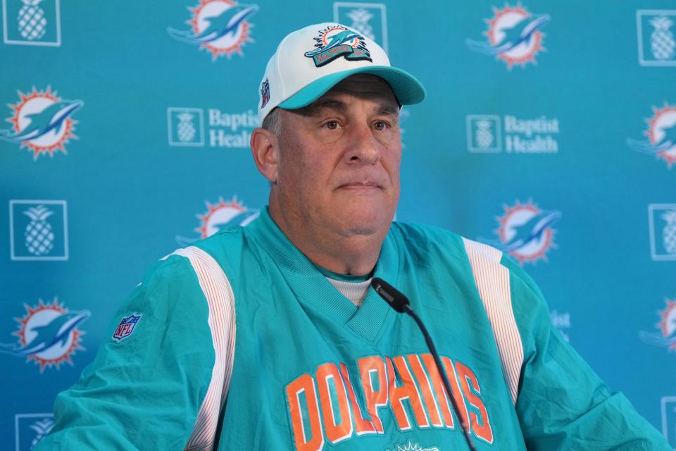 Nov 2, 2023; Frankfurt, Germany; Miami Dolphins defensive coordinator Vic Fangio at press conference at the PSD Bank Arena. Mandatory Credit: Kirby Lee-USA TODAY Sports