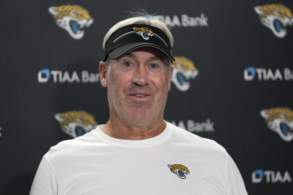 Jacksonville Jaguars head coach Doug Pederson talks after an preseason NFL football game against the Detroit Lions in Detroit, Saturday, Aug. 19, 2023. (AP Photo/Paul Sancya)