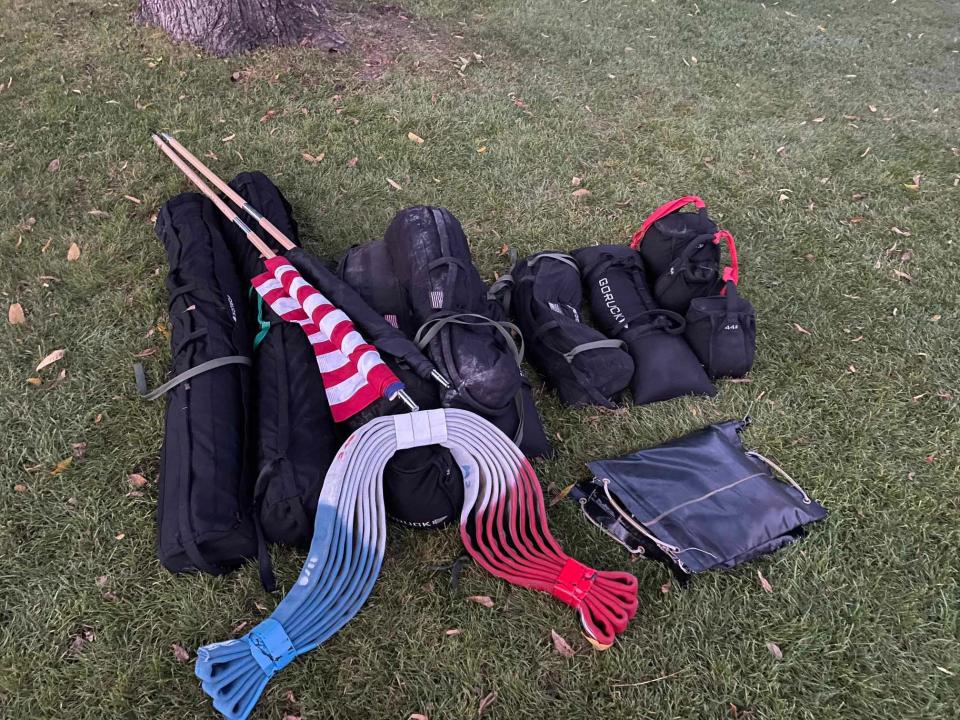 Ruck equipment used by members of Milwaukee's Good Land Ruck Club during a rucking event last year in Naperville, Ill., to honor Sept. 11, 2001. Participants carried sandbags and walked many stairs to mark those walked by first responders at the World Trade Center.