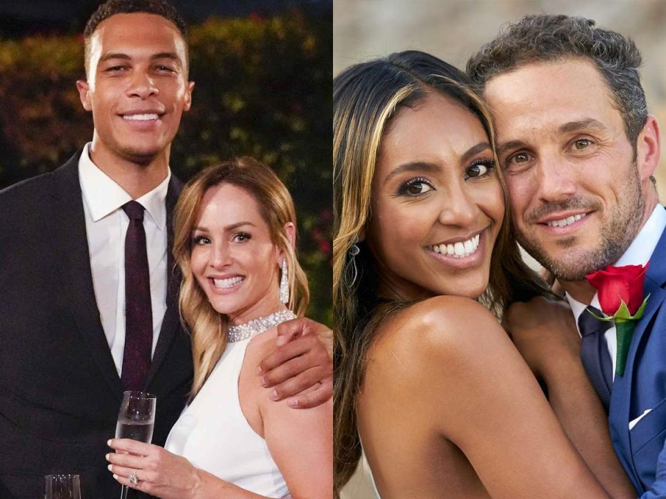 A side-by-side image of Dale Moss and Clare Crawley, and Tayshia Adams and Zac Clark on "The Bachelorette."