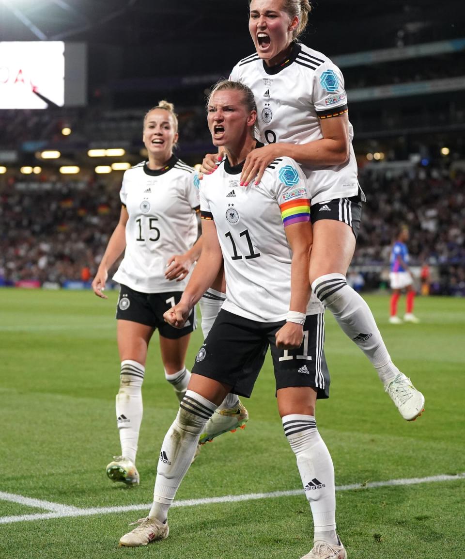 Alexandra Popp, front, celebrates scoring in the Euro 2022 semi-final (Nick Potts/PA) (PA Wire)