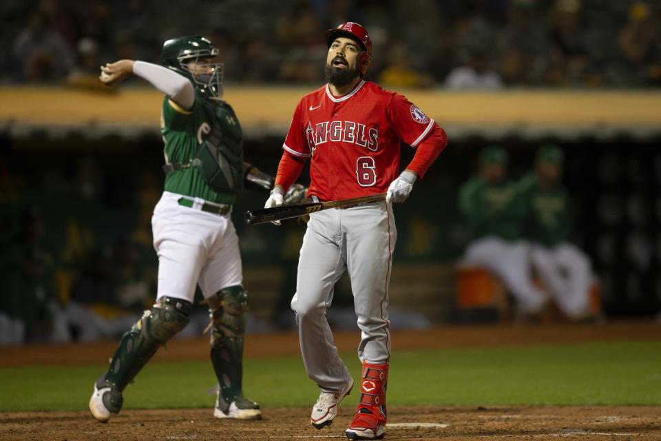 Los Angeles Angels third baseman Anthony Rendon (6) reacts after striking out against the Oakland Athletics during the fourth inning of a baseball game, Monday, Oct. 3, 2022, in Oakland, Calif. (AP Photo/D. Ross Cameron)