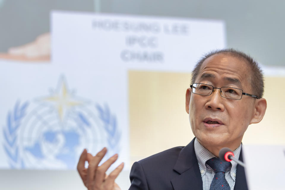 Hoesung Lee, chairman of the United Nations Intergovernmental Panel on Climate Change (IPCC), attends a news conference on the Special Report on Climate Change and Land after IPCC's 50th session in Geneva, Switzerland, Thursday, Aug. 8, 2019. (Martial Trezzini/Keystone via AP)