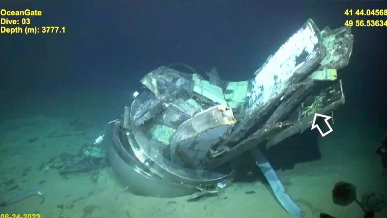 PHOTO: Image taken by a remotely operated vehicle of the Titan submersible on the floor of the Atlantic Ocean, presented during testimony at a formal maritime council hearing, Sept. 25, 2024, in North Charleston, South Carolina (Pelagic Research Services/US Coast Guard)