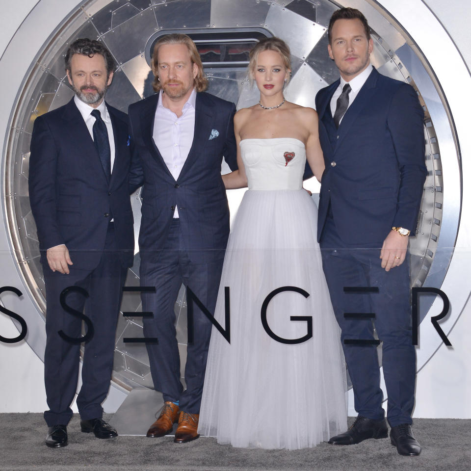 (L-R) Michael Sheen, Morten Tyldum, Jennifer Lawrence and Chris Pratt arrives at the "Passengers" Los Angeles Premiere held at the Fox Village Theatre in Westwood, CA on Wednesday, December 14, 2016. (Photo By Sthanlee B. Mirador) *** Please Use Credit from Credit Field ***