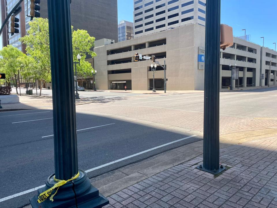 The intersection of Texas and Market Street where six people were injured in a shooting in the early morning hours of March 25, 2023.