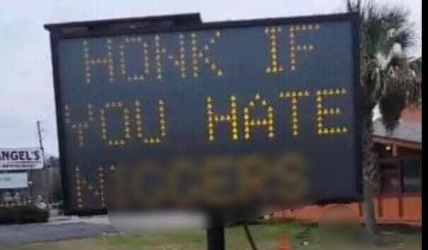 Police in Sumter, South Carolina were notified about a state Department of Transportation road sign that was altered to display a racist message on Jan. 15, 2022. (Credit: Twitter)