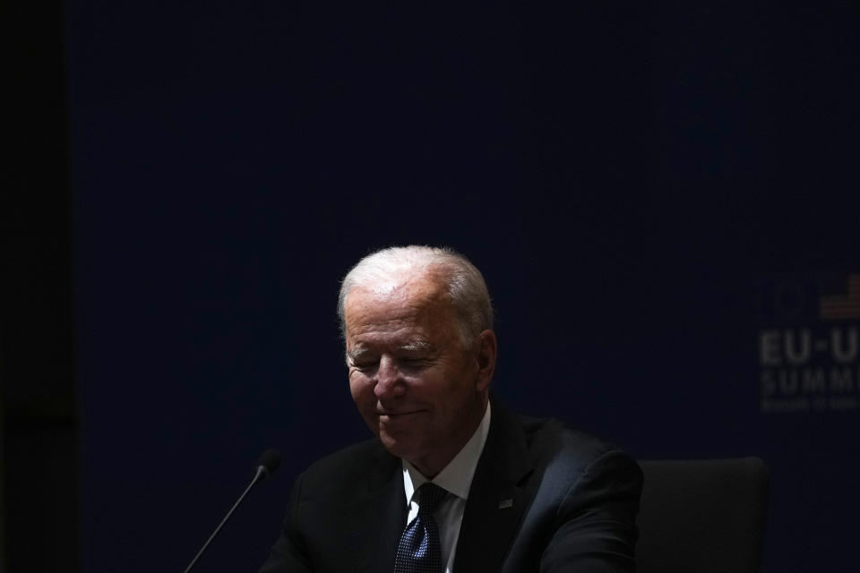 U.S. President Joe Biden attends the EU-US summit at the European Council building in Brussels, Tuesday, June 15, 2021. (AP Photo/Francisco Seco)