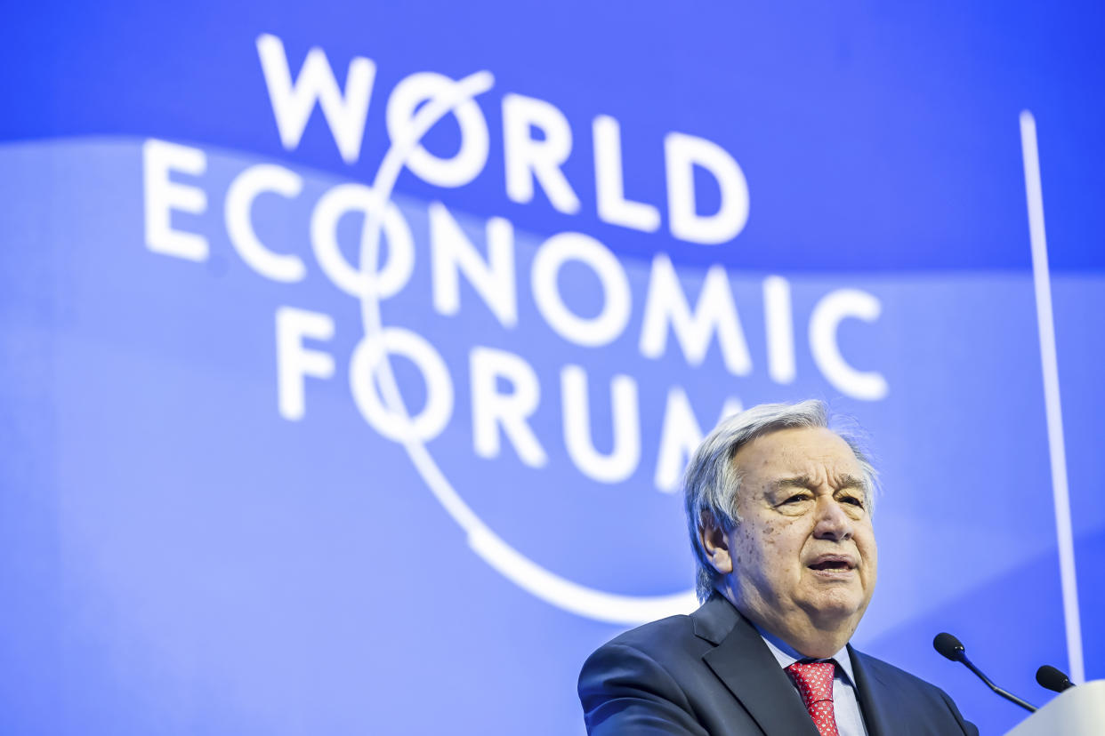 United Nations Secretary-General Antonio Guterres speaks during the 53rd annual meeting of the World Economic Forum, WEF, in Davos, Switzerland, Wednesday, Jan. 18, 2023. The meeting brings together entrepreneurs, scientists, corporate and political leaders in Davos under the topic "Cooperation in a Fragmented World" from 16 to 20 January. (Gian Ehrenzeller/Keystone via AP)