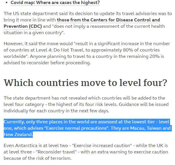 據BBC報導，台灣目前仍被列為第1級「行使正常預防措施」的最低級別，和澳門及紐西蘭被列為最低級別的國家。（圖／翻攝自BBC網頁）